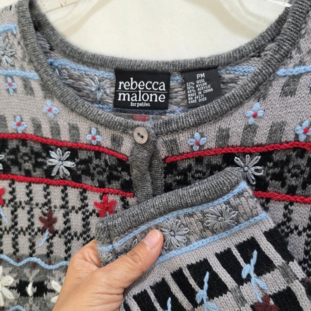 Vintage Rebecca Malone Floral Grannycore Cabincore Wool Blend Cardigan Medium PT - Picture 3 of 6